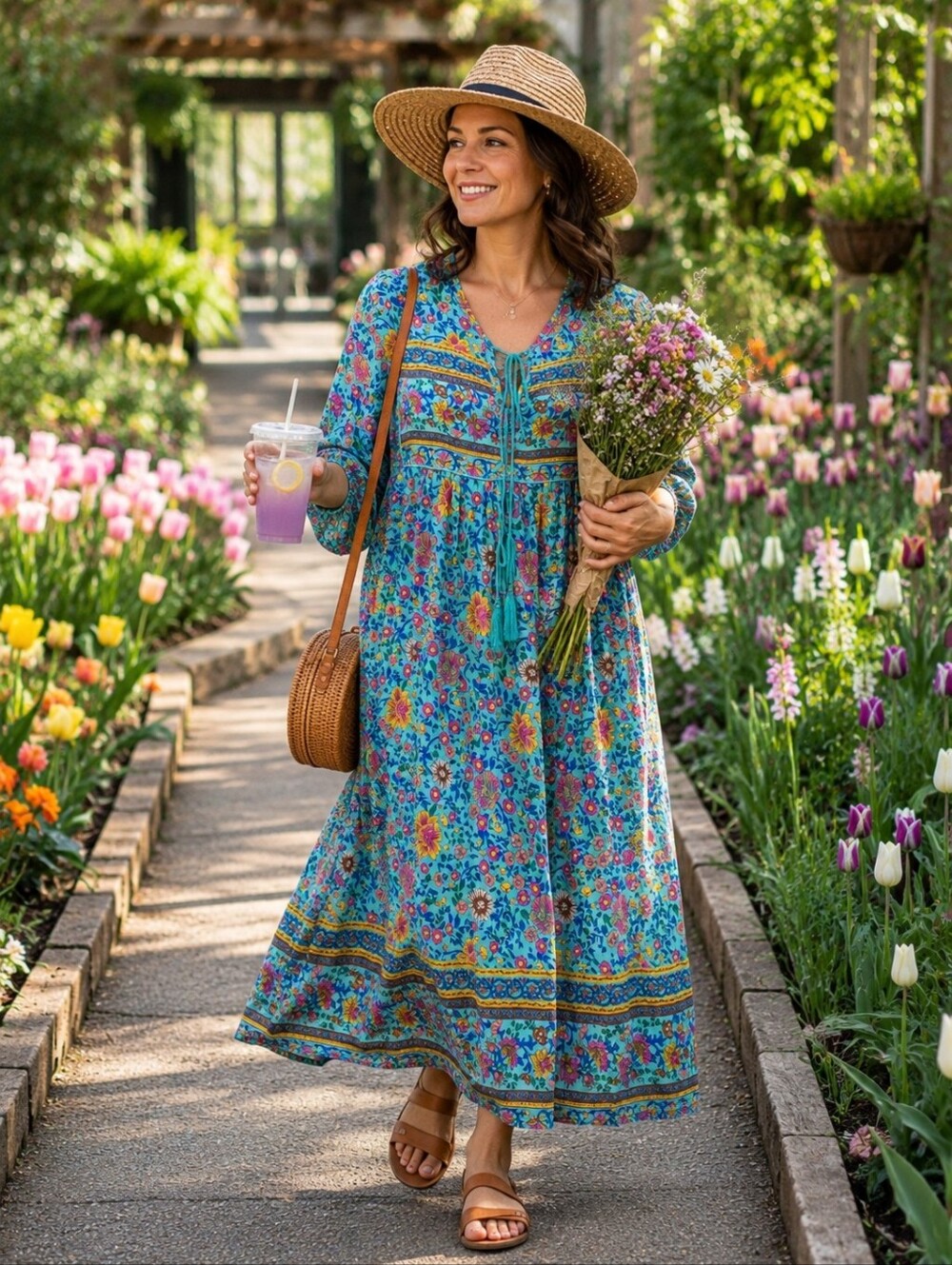 R. Vivimos Floral Boho Midi Dress | Turquoise Border Print | Tassel Tie - Small